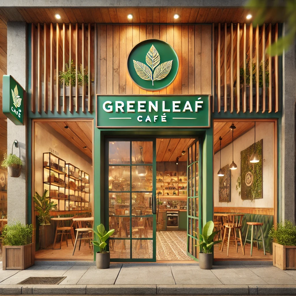 DALL·E 2024 07 29 18.25.33 A vibrant cafe storefront named GreenLeaf Cafe. The entrance features a modern glass door with wooden frames and a large clear sign above with the