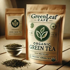 DALL·E 2024-07-29 23.32.34 - A package of organic green tea labeled 'GreenLeaf Café'. The package has a clean and eco-friendly design, made from recycled materials, with a simple,