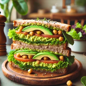 DALL·E 2024-07-29 23.32.37 - A delicious vegan sandwich featuring avocado and chickpeas at 'GreenLeaf Café'. The sandwich is made with whole grain bread, generously filled with ma